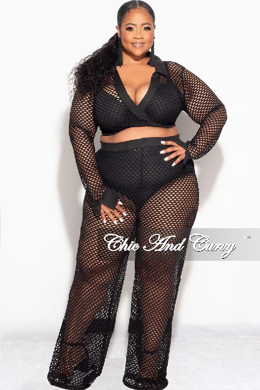 Final Sale Plus Size 2pc Fishnet Faux Wrap Tie Top and Pants Set in Black Edgy Women's Punk Final Sale Plus Size 2pc Fishnet Faux Wrap Tie Top and Pants Set in Black Edgy Women's Punk