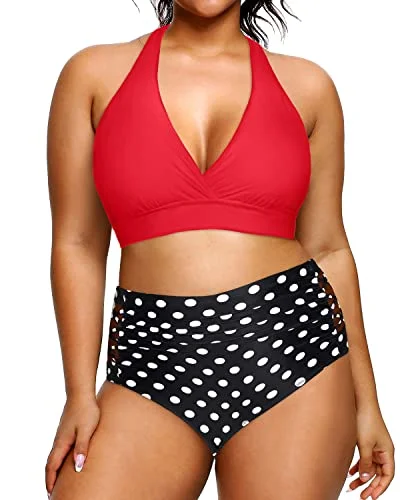 High Waisted Two Piece Plus Size Halter Bikini Swimsuits For Curvy Women-Red Dot Bold Women's Animal Print