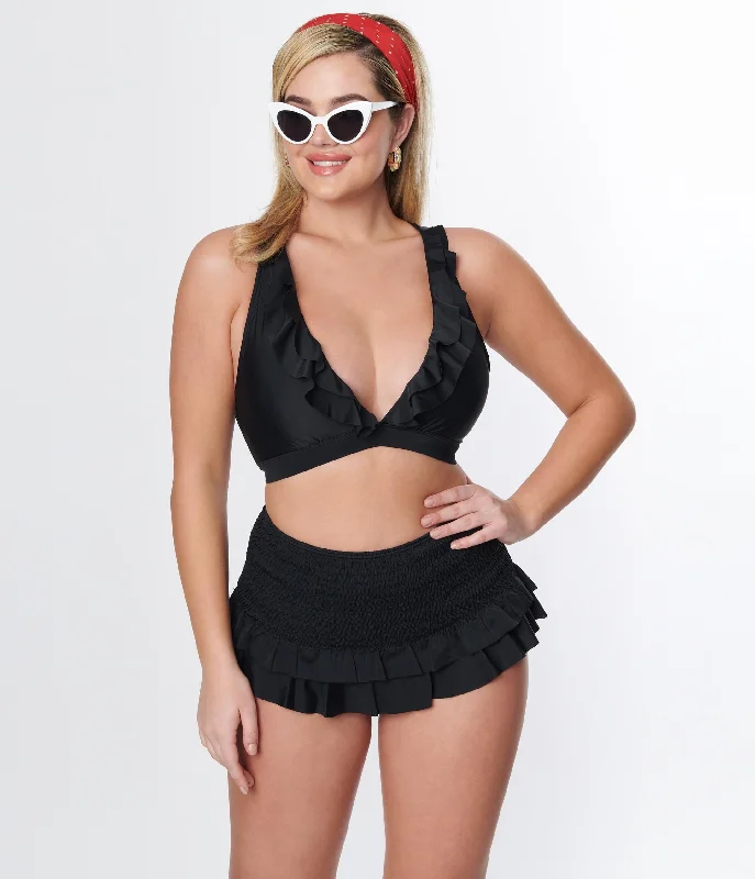 Unique Vintage Black Ruffle Halter Swim Top Laid - back Women's Style