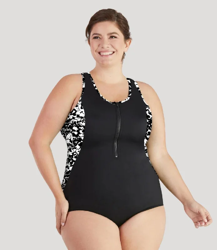 QuikEnergy Zip Tank Suit Hibiscus Black Sporty Women's Athleisure 