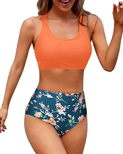 Flattering Women's High Waisted Two Piece Bikini Sports Crop Top Swimsuit-Orange Flowers Vacation Flattering Women's High Waisted Two Piece Bikini Sports Crop Top Swimsuit-Orange Flowers Vacation
