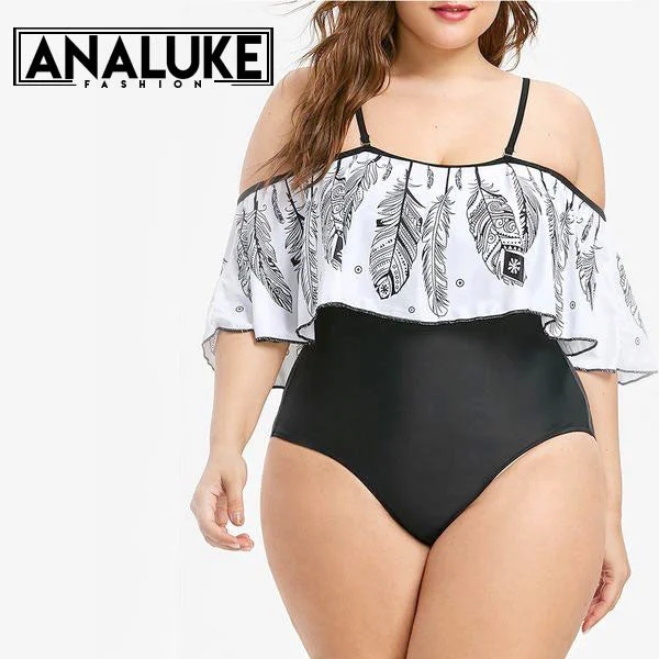 Plus Size Feather Printed Swimsuit Confident Women's High - fashion