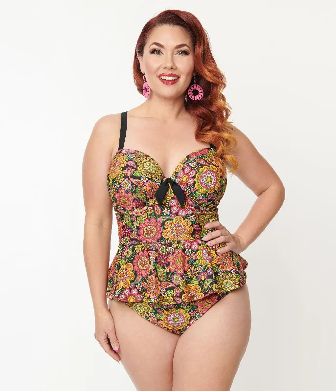 Unique Vintage Plus Size 1960s Kaleidoscope Floral Solana Tankini Swim Top Contemporary 