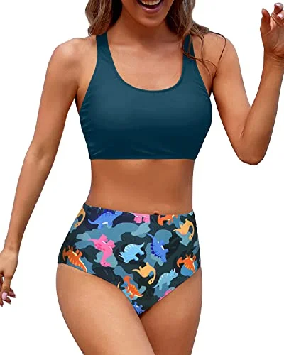 Women's Scoop Neck Bathing Suit For Teen Girls With Bottom-Blue Green Dinosaur Artistic Women's Avant - Women's Scoop Neck Bathing Suit For Teen Girls With Bottom-Blue Green Dinosaur Artistic Women's Avant -