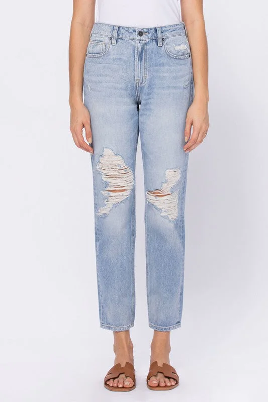 The Brock Light Wash Knee Grinded Mom Fit Jeans Preppy Women's College