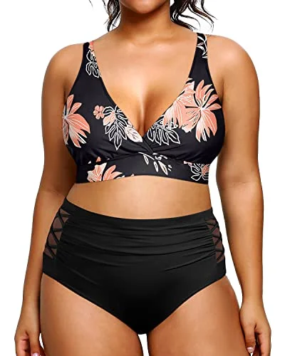 Women's Plus Size Bikini Two Piece Swimsuits Tummy Control Swimwear-Black Orange Floral Sophisticated Women's Tailored Women's Plus Size Bikini Two Piece Swimsuits Tummy Control Swimwear-Black Orange Floral Sophisticated Women's Tailored