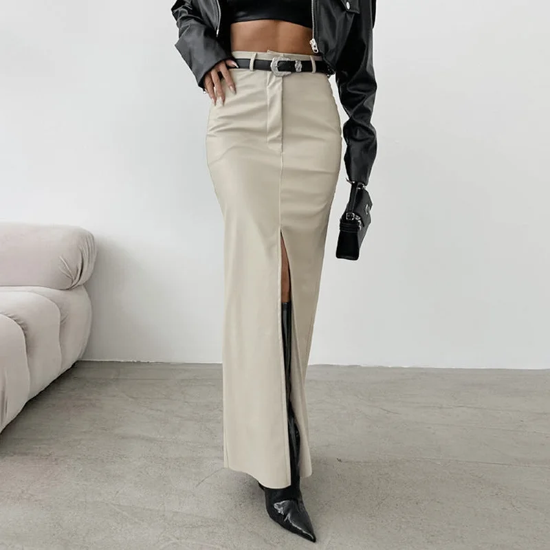 Fleece Lined Matte Leather High Waist Slit Straight Skirt Hip Women's Retro