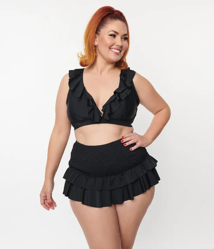 Unique Vintage Plus Size Black Ruffle Halter Swim Top Refined Women's Velvet