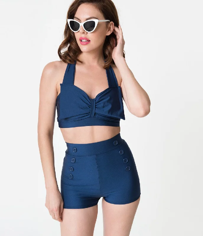 Vintage Style Navy Blue Bow Halter Swim Top Unique Women's Upcycled