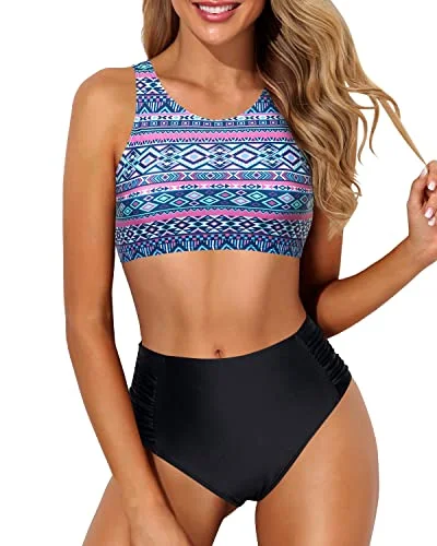 Crop Top High Waisted Two Piece Bikini For Large Breasted Women-Blue Tribal Confident Women's High - fashion Crop Top High Waisted Two Piece Bikini For Large Breasted Women-Blue Tribal Confident Women's High - fashion