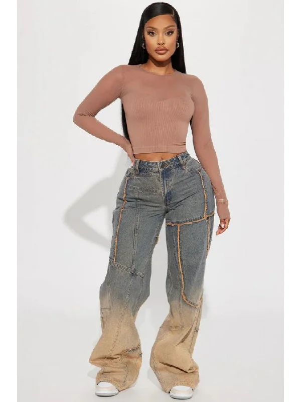 Gradient Denim Raged Hem Straight Jeans Traditional Women's Wool