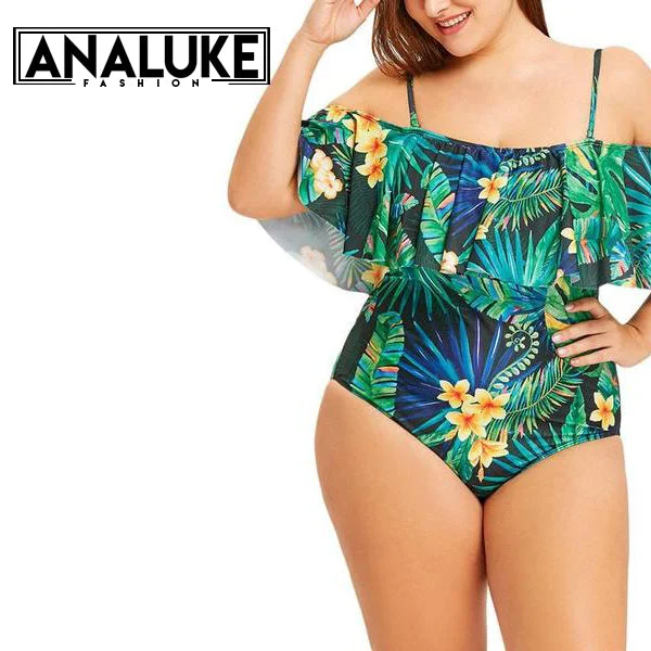 Plus Size Leaf Tropical Swimsuit Sporty Women's Athleisure 