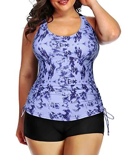 Push Up Bra Tighten Drawstring Pleated Hem Strappy Tankini-Blue Tie Dye European