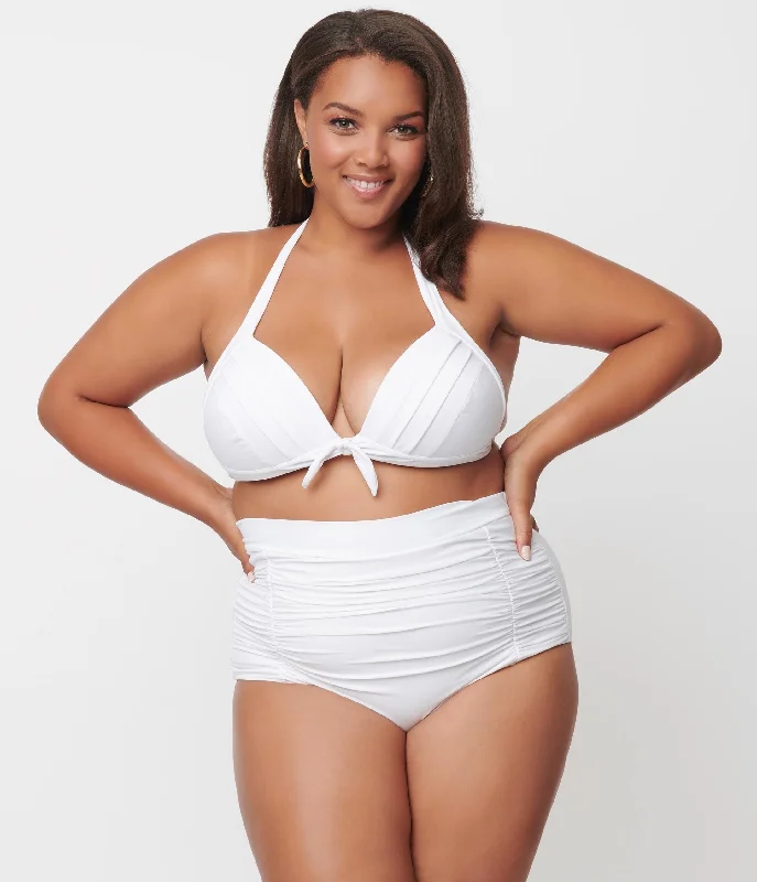 Unique Vintage Plus Size Solid White Monroe Halter Swim Top Tough Women's Military - inspired