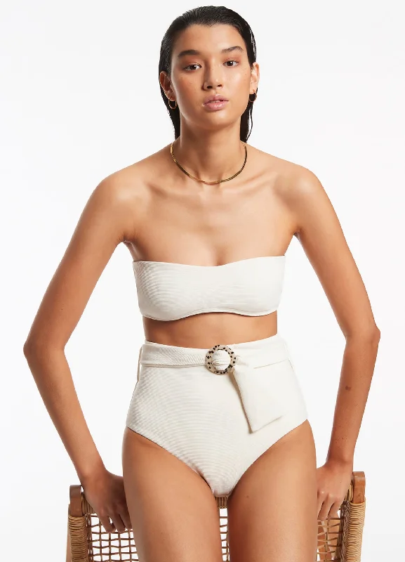 Isla Rib Belted High Waisted Bikini Bottom - Cream Business