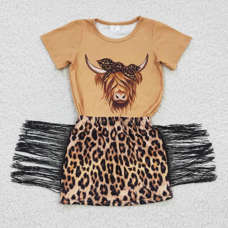 Highland Cow T-shirts tassel skirts sets GSD0301 Artistic Women's Hand - painted