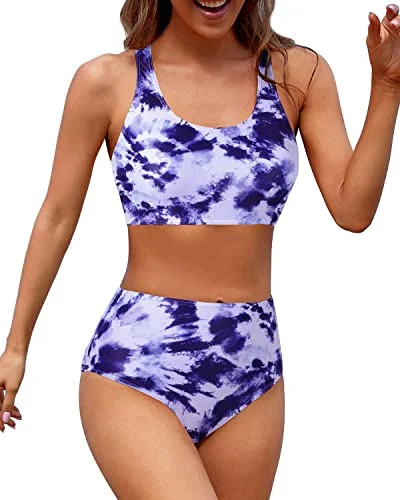 High Cut Legs Women Scoop Neck Bathing Suit For Teen Girls-Purple Tie Dye Trendy Women's 