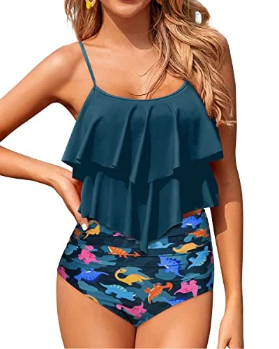 Flowy Tankini Top Tiered Ruffle Bikini Sets For Teen Girls-Blue Green Dinosaur Dynamic Women's High - energy Flowy Tankini Top Tiered Ruffle Bikini Sets For Teen Girls-Blue Green Dinosaur Dynamic Women's High - energy