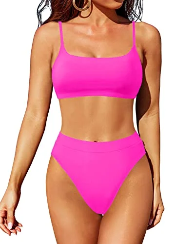 Scoop Neck High Waisted Bikini Set With Bottom For Women-Neon Pink Rugged Women's Outdoor 