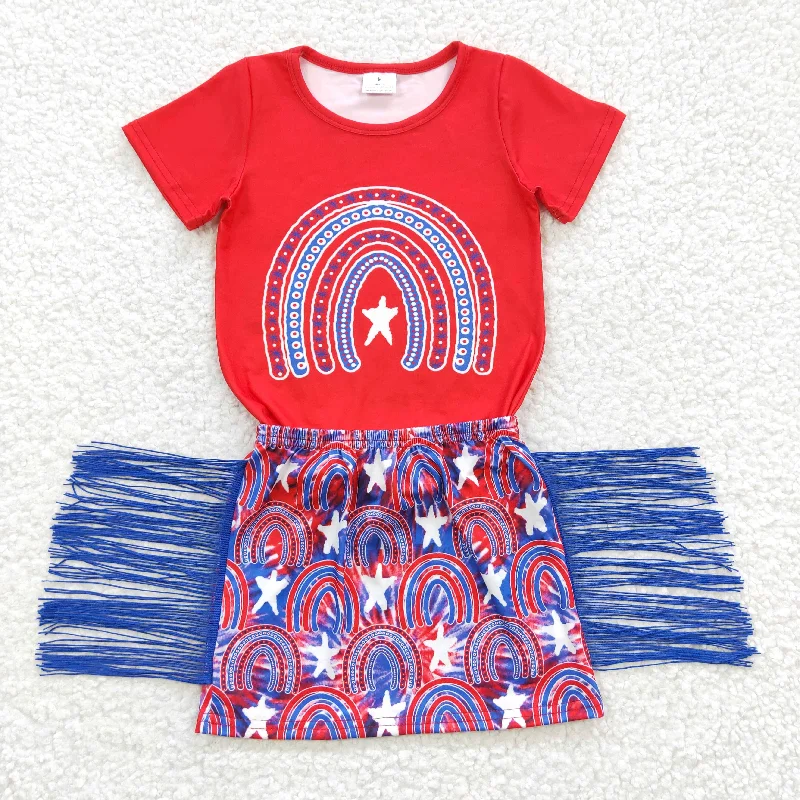 4th of July red tops tassel skirts sets GSD0338 Casual Women's Loose - fitting