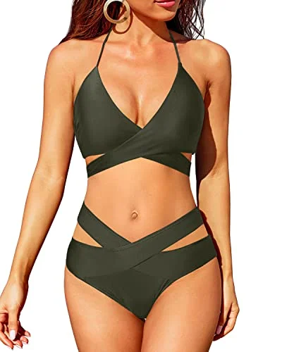 Crossed V Shaped Waist Wrap Bandage Bikini Halter Neck Swimsuit-Army Green Adventure Crossed V Shaped Waist Wrap Bandage Bikini Halter Neck Swimsuit-Army Green Adventure