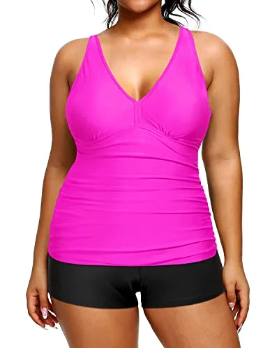 Plus Size Ruched Tummy Control Bathing Suit High Waisted Two Piece Swimsuit-Hot Pink Polished Women's Silk Plus Size Ruched Tummy Control Bathing Suit High Waisted Two Piece Swimsuit-Hot Pink Polished Women's Silk
