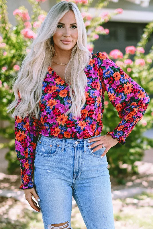 Flower Surplice Long Sleeve Top Sophisticated Women's Tailored