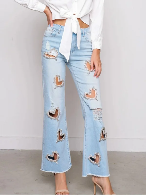 Heart Embellished Hollow-out Wide Leg Jeans Modern Women's 