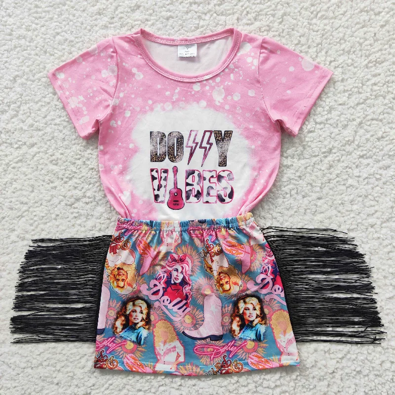 girls pink t-shirts tassel skirts sets GSD0317 Refined Women's Velvet