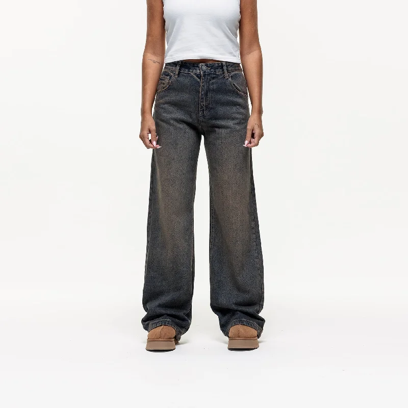 Washed Rust Blue Baggy Denim Jean Sporty Women's Athleisure 