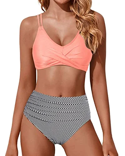 Ruched High Waisted Bikini Set Two Piece Swimsuits Push Up Wrap Swim Suits-Coral Pink Stripe purpose