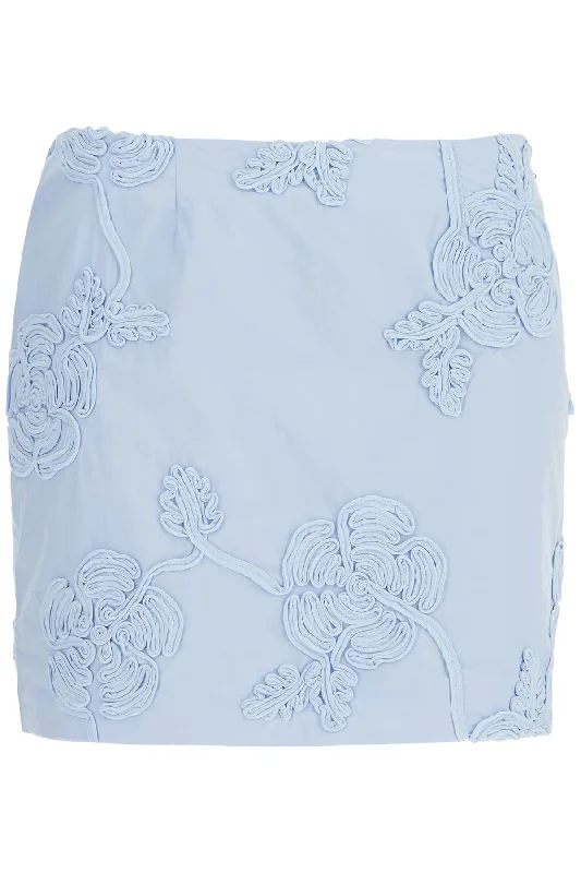 Rotate Women's blue Cotton Mini Skirt With 3D Floral Embroidery Preppy Women's College