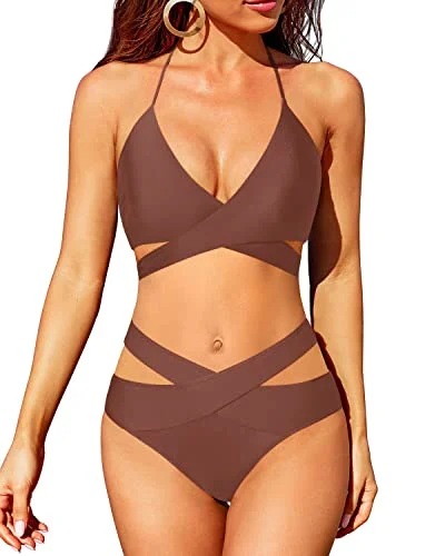 High Leg Two Piece Swimsuit Push Up Criss Cross Bathing Suit-Brown Australian Beach