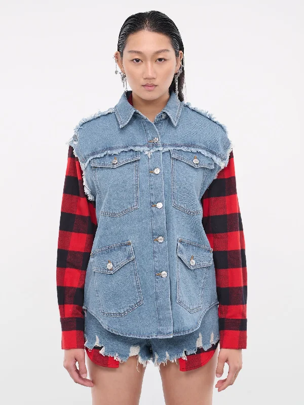Check Denim Shirt (J0508-8737-BLUE) Monochromatic Office Style