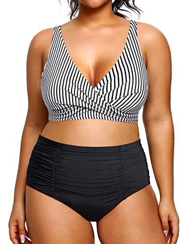 V Neck 2 Piece Plus Size Bikini High Waisted Tummy Control Swimsuit-Black And White Stripe Monochromatic All - in - one V Neck 2 Piece Plus Size Bikini High Waisted Tummy Control Swimsuit-Black And White Stripe Monochromatic All - in - one