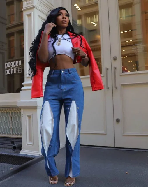 Denim Faux Two-Piece Buckle Reworked Jeans Earthy Women's 