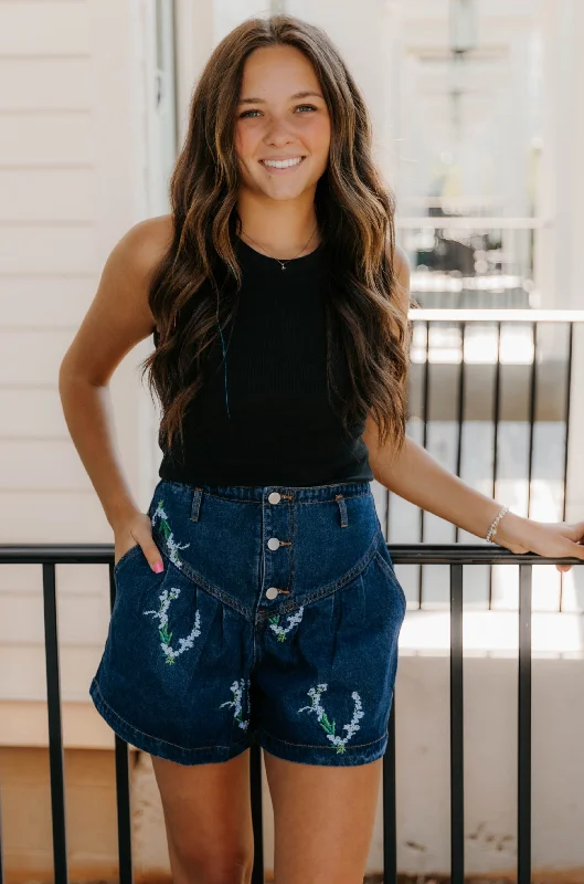 Angelica Embroidered Floral Denim Shorts - Final Sale 40% off in cart Laid - back Women's Vibe
