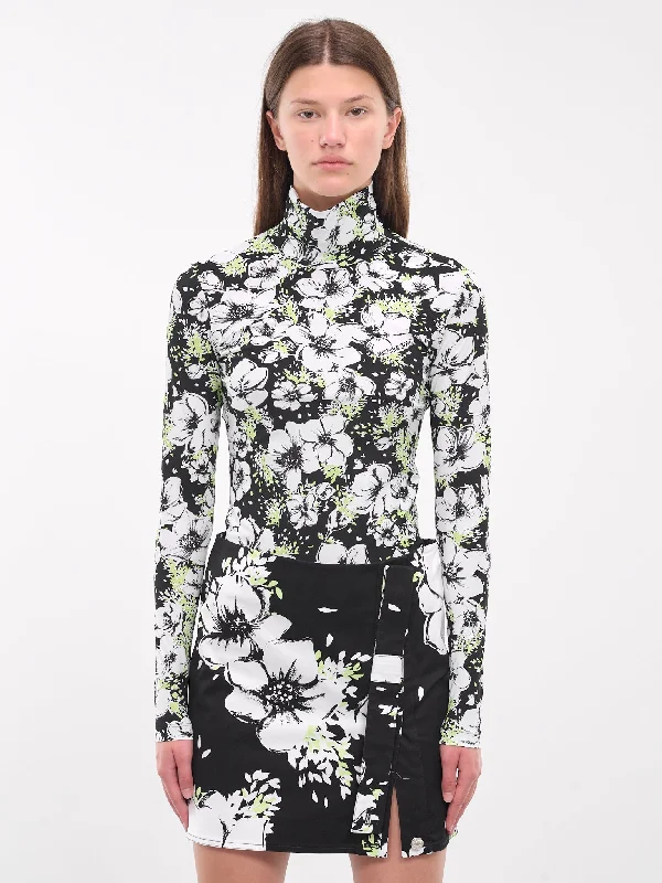 Floral Print Turtleneck (A1213-8741-MULTI-BLACK) Sleek Women's 