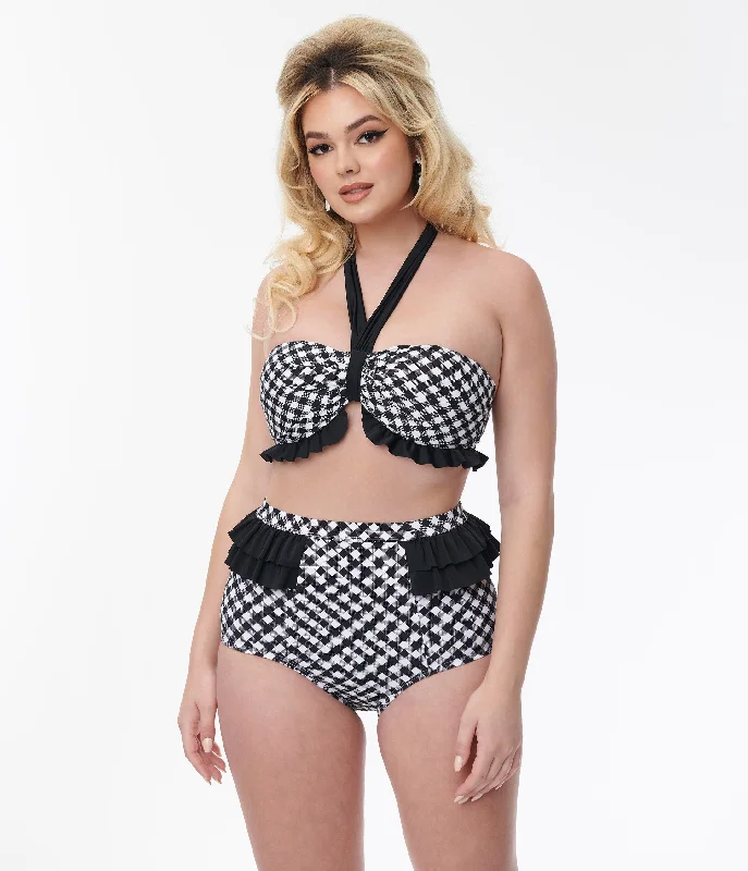 Unique Vintage Black & White Bias Gingham Twist Front Halter Swim Top Laid - back Women's Style