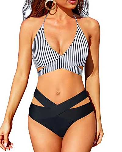 Crossed V Shaped Waist High Waisted 2 Piece Bikini Set-Black And White Stripe Monochromatic All - in - one Crossed V Shaped Waist High Waisted 2 Piece Bikini Set-Black And White Stripe Monochromatic All - in - one