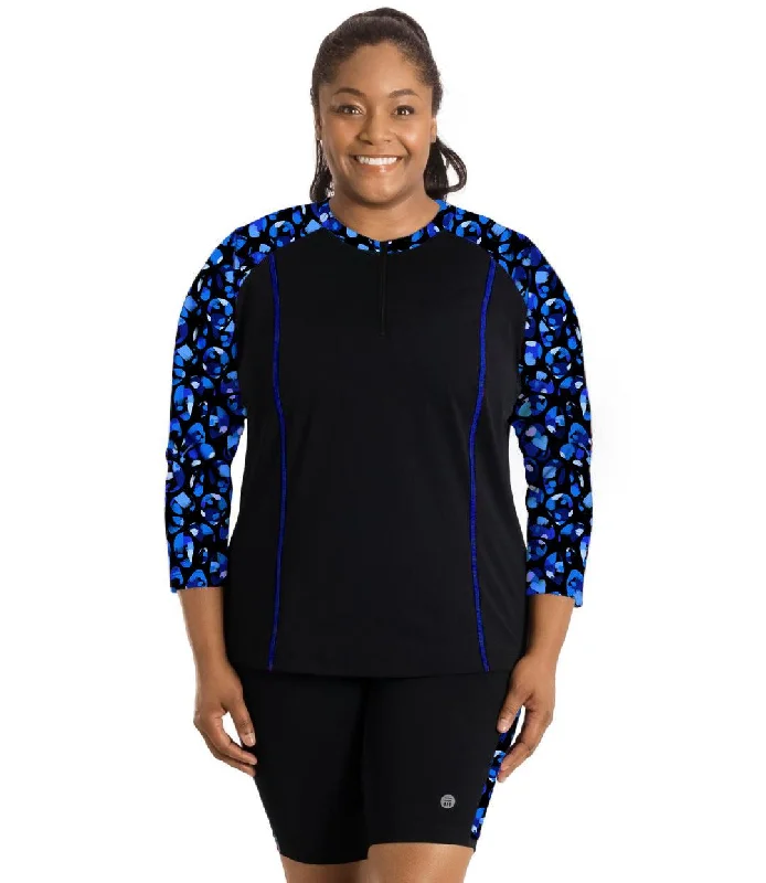 AquaSport Long Sleeve Rash Guard Ocean Blues Print Black Contemporary 