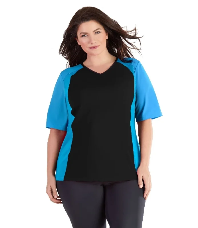 QuikEnergy Lite Swim and Beach Short Sleeve Top Black and Turq Traditional Women's 