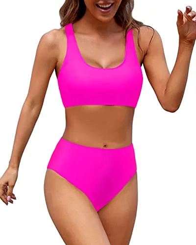 High Cut Legs Women Athletic Flattering Two Piece Bikini-Neon Pink Confident Women's Power High Cut Legs Women Athletic Flattering Two Piece Bikini-Neon Pink Confident Women's Power