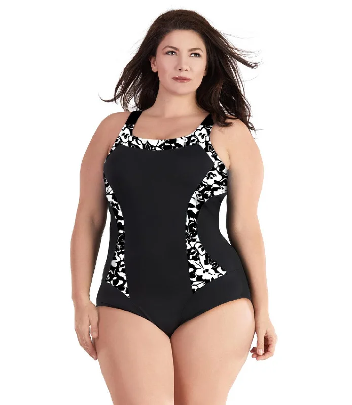 QuikEnergy Color Block Tank Suit Hibiscus Black Casual Women's Japanese 