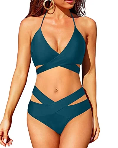 Crossed V Shaped Waist Criss Cross Front Women's Swimsuit-Teal Athletic Women's High - Crossed V Shaped Waist Criss Cross Front Women's Swimsuit-Teal Athletic Women's High -