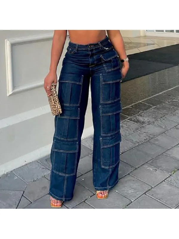 Denim Patchwork Multi Pockets Cargo Jeans Contemporary 