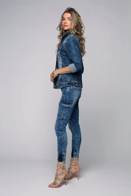 TARA - Ladies Cargo Jogger - Medium Blue Acid Wash Dapper Women's Bow - adorned