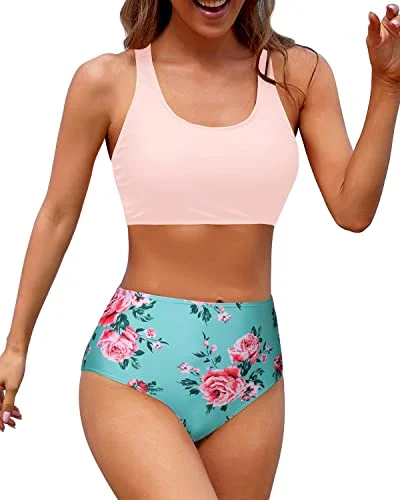 Flattering High Waisted Two Piece Bikini Sports Crop Top Swimsuit-Green And Pink Floral Traditional Women's Wool Flattering High Waisted Two Piece Bikini Sports Crop Top Swimsuit-Green And Pink Floral Traditional Women's Wool