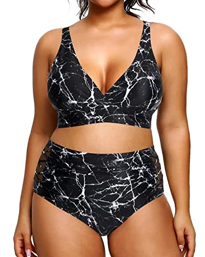 Women's Plus Size Two Piece Bikini Swimsuits High Waisted Tummy Control-Black Marble Monochromatic All - in - one Women's Plus Size Two Piece Bikini Swimsuits High Waisted Tummy Control-Black Marble Monochromatic All - in - one