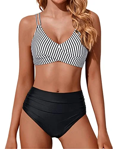 Women High Waisted Bikini Set Two Piece Swimsuits Push Up Wrap Swim Suits-Black And White Stripe Relaxed Women's Beachy Women High Waisted Bikini Set Two Piece Swimsuits Push Up Wrap Swim Suits-Black And White Stripe Relaxed Women's Beachy